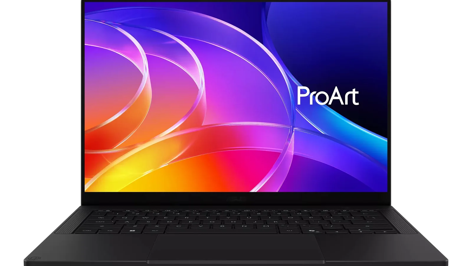 ASUS ProArt P14 RTX Spark laptop shown front-on against a light background, displaying colorful ProArt artwork