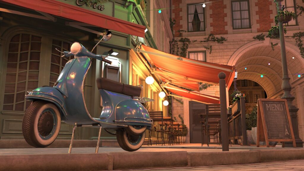 NVIDIA's photorealistic nighttime Bistro scene featuring a reflective vintage scooter, illuminated storefronts and