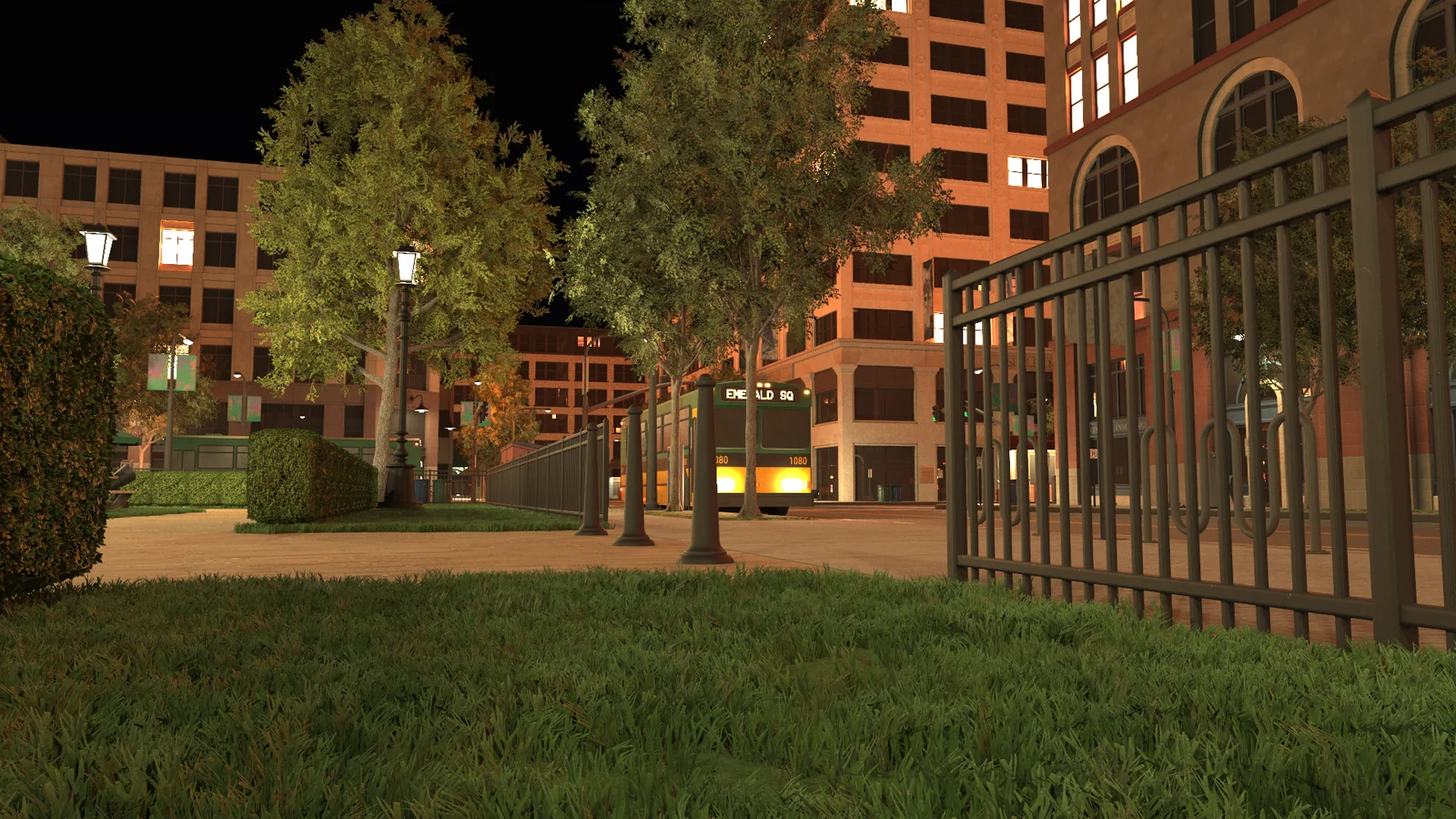 NVIDIA's photorealistic nighttime Bistro scene featuring a reflective vintage scooter, illuminated storefronts and
