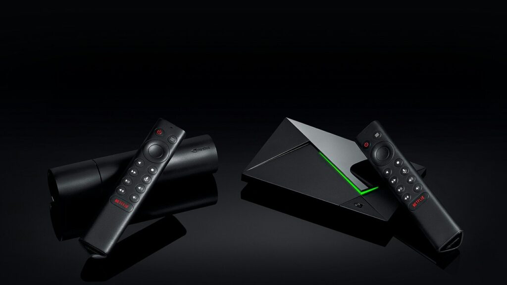 NVIDIA Raises Shield TV Pro Price to $299, Ends Standard Model Official NVIDIA SHIELD TV family product shot showing both the standard tube-shaped SHIELD TV and the SHIELD TV Pro with