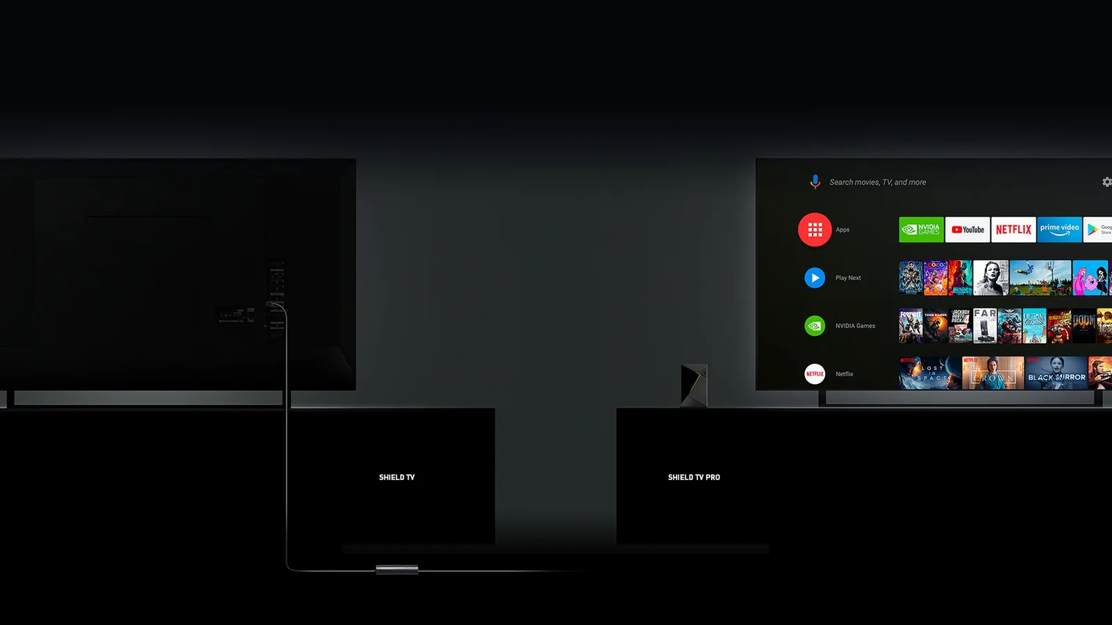 Official NVIDIA living-room image showing SHIELD TV and SHIELD TV Pro beneath a television running the SHIELD interface