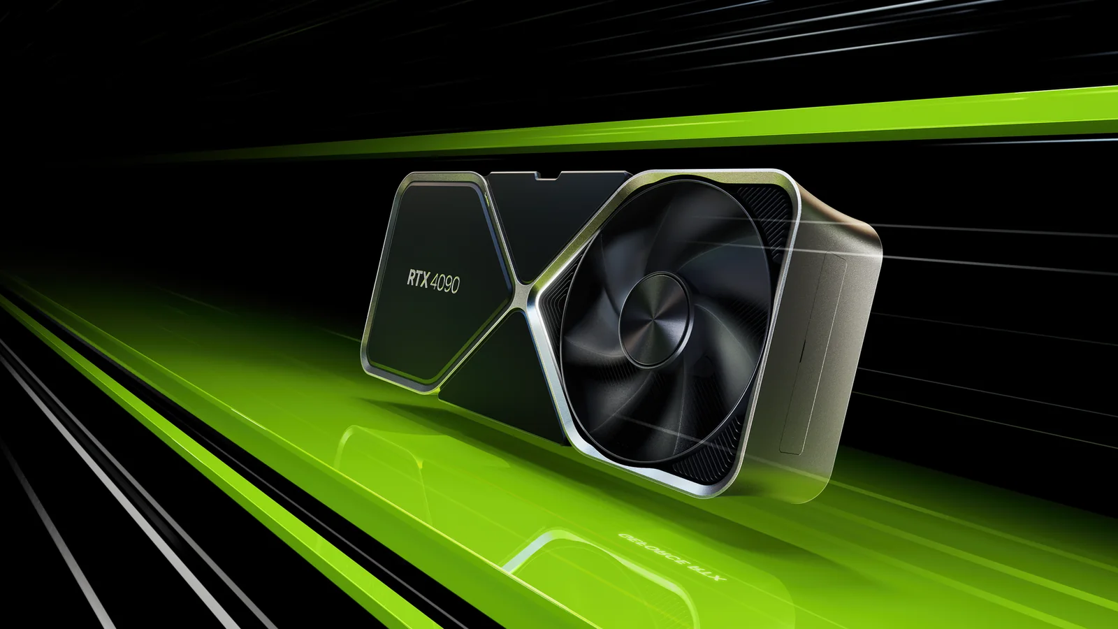 NVIDIA GeForce RTX 4090 Founders Edition graphics card shown at an angle against a black background with bright green