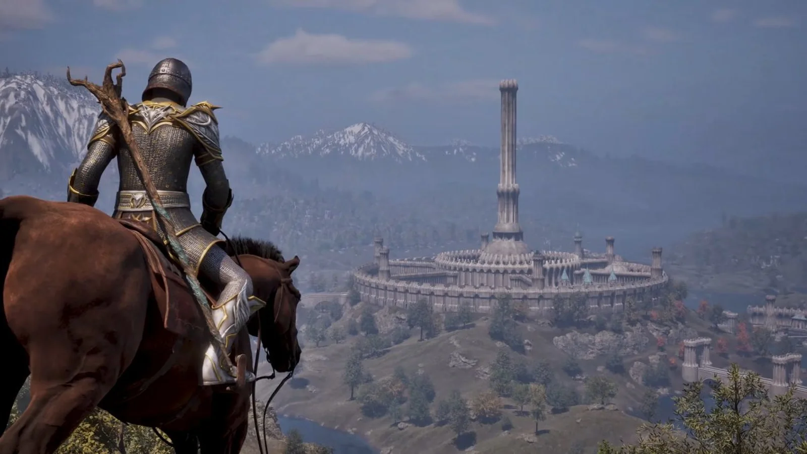 Armored adventurer overlooking the Imperial City from horseback, with mountains and the White-Gold Tower in the