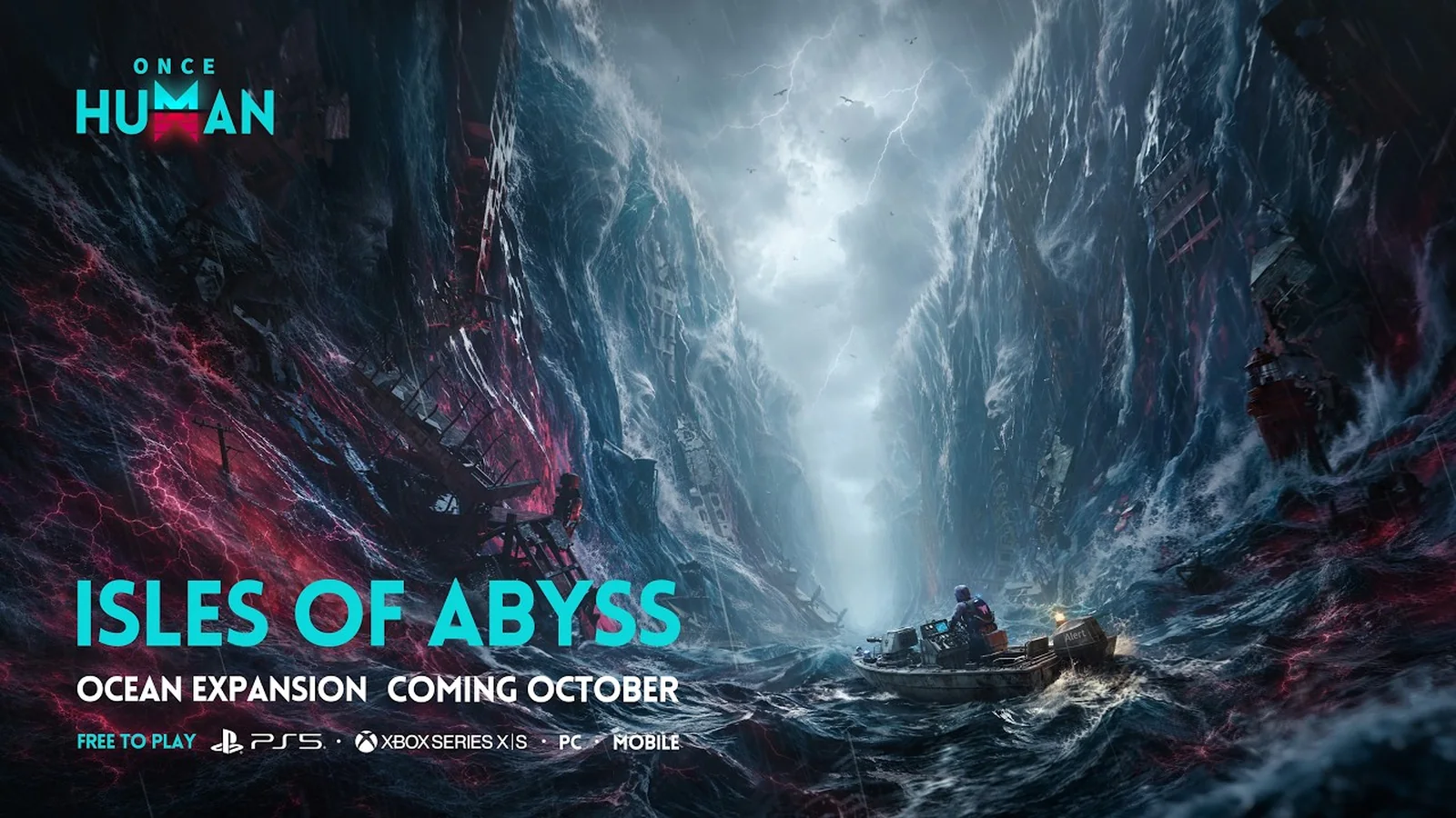 Official Isles of Abyss promotional artwork featuring a stormy ocean chasm, wrecked ships, supernatural red energy and