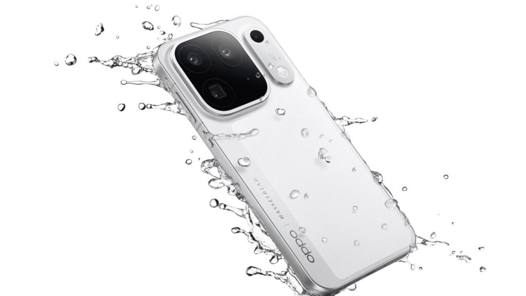 OPPO Find X10 Pro Max shown in white with water droplets across its rear panel and large camera module