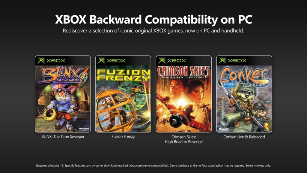 Original Xbox Achievements Appear in Game Lists Ahead of Rollout Official Xbox Backward Compatibility promotional artwork featuring four original Xbox games: Blinx: The Time Sweeper