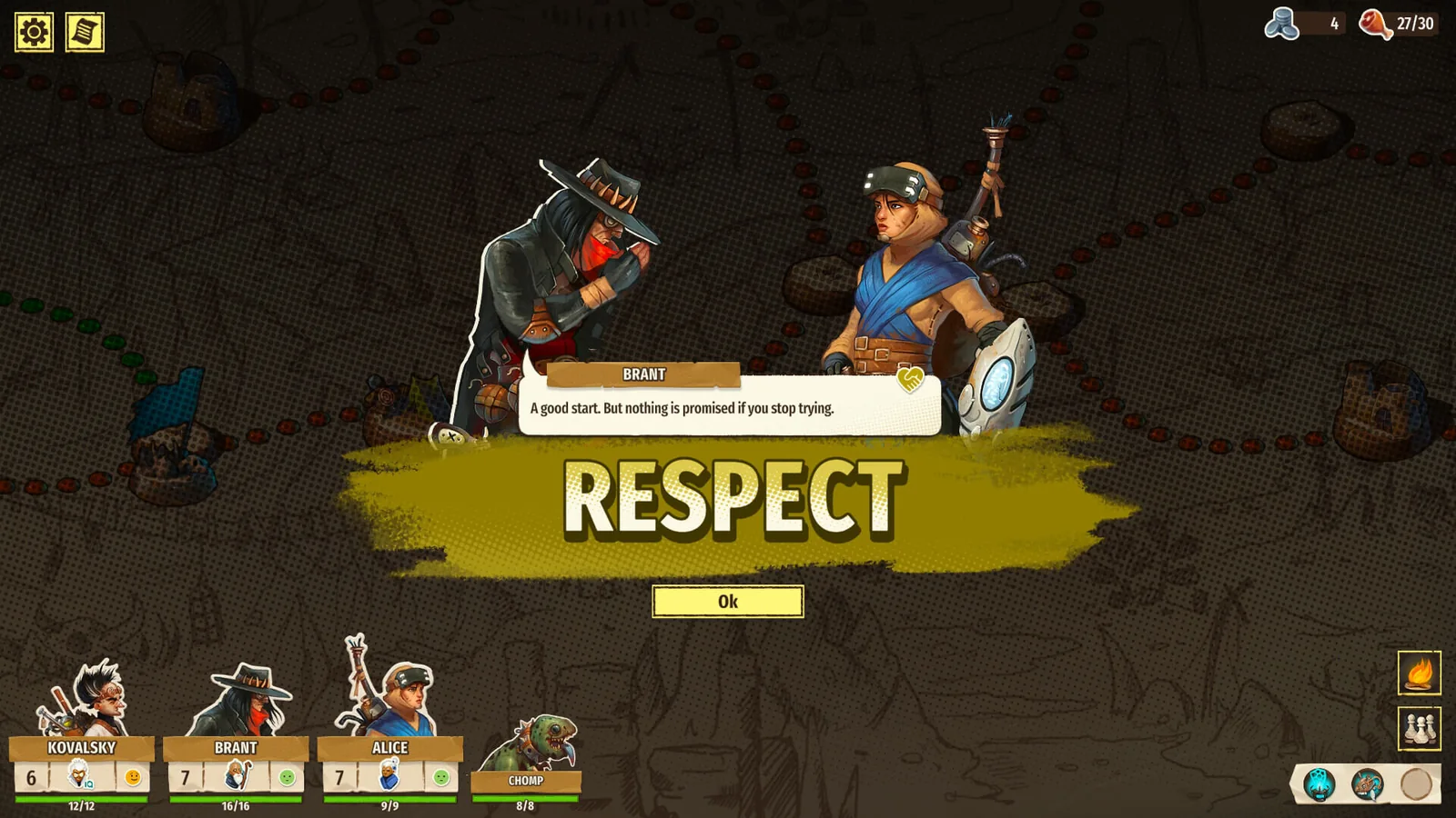 Official Outcast Tales gameplay screenshot showing a character receiving respect from another party member
