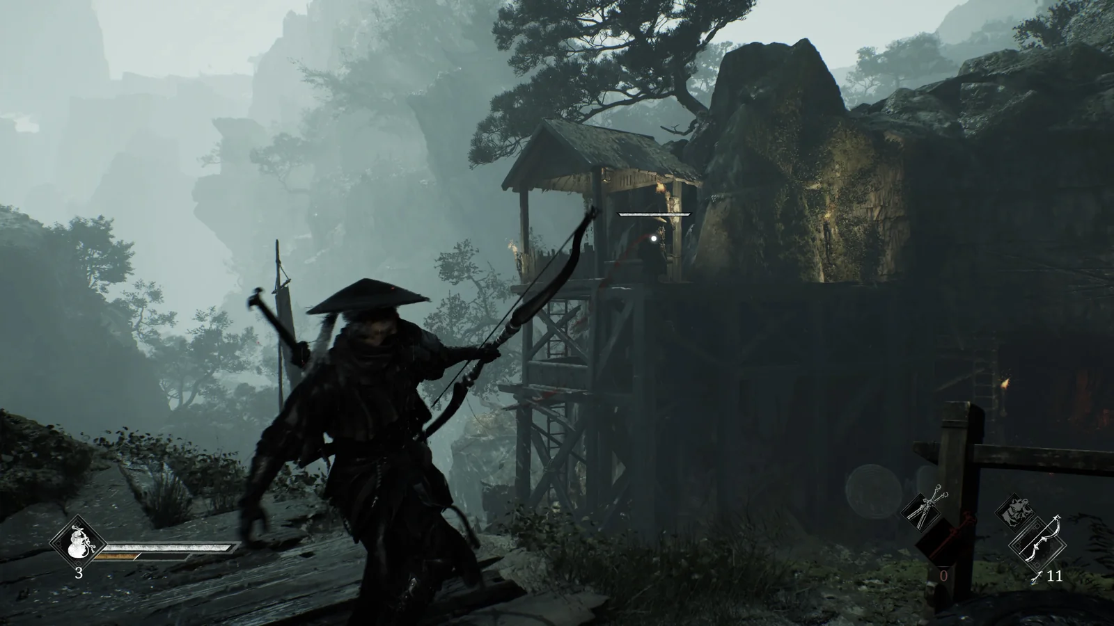 Phantom Blade Zero swordsman wearing a conical hat prepares to fire a bow toward a wooden watchtower in a mountainous