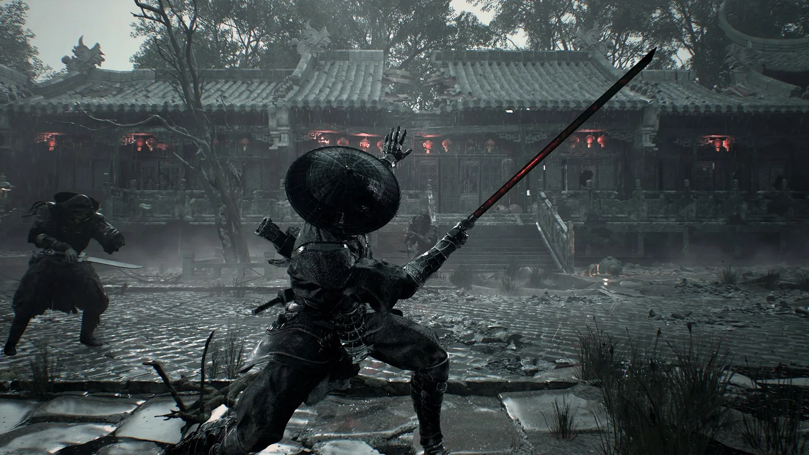 Soul wielding a red-edged sword against an enemy in a rain-soaked courtyard