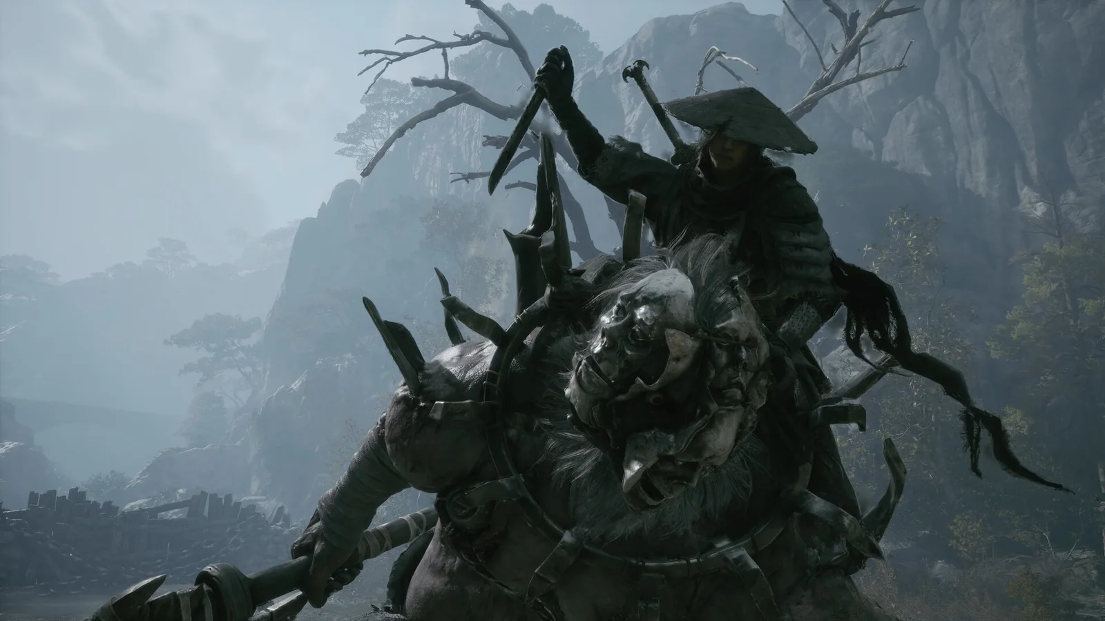 Phantom Blade Zero protagonist battling a large monstrous creature in a mist-covered mountain environment