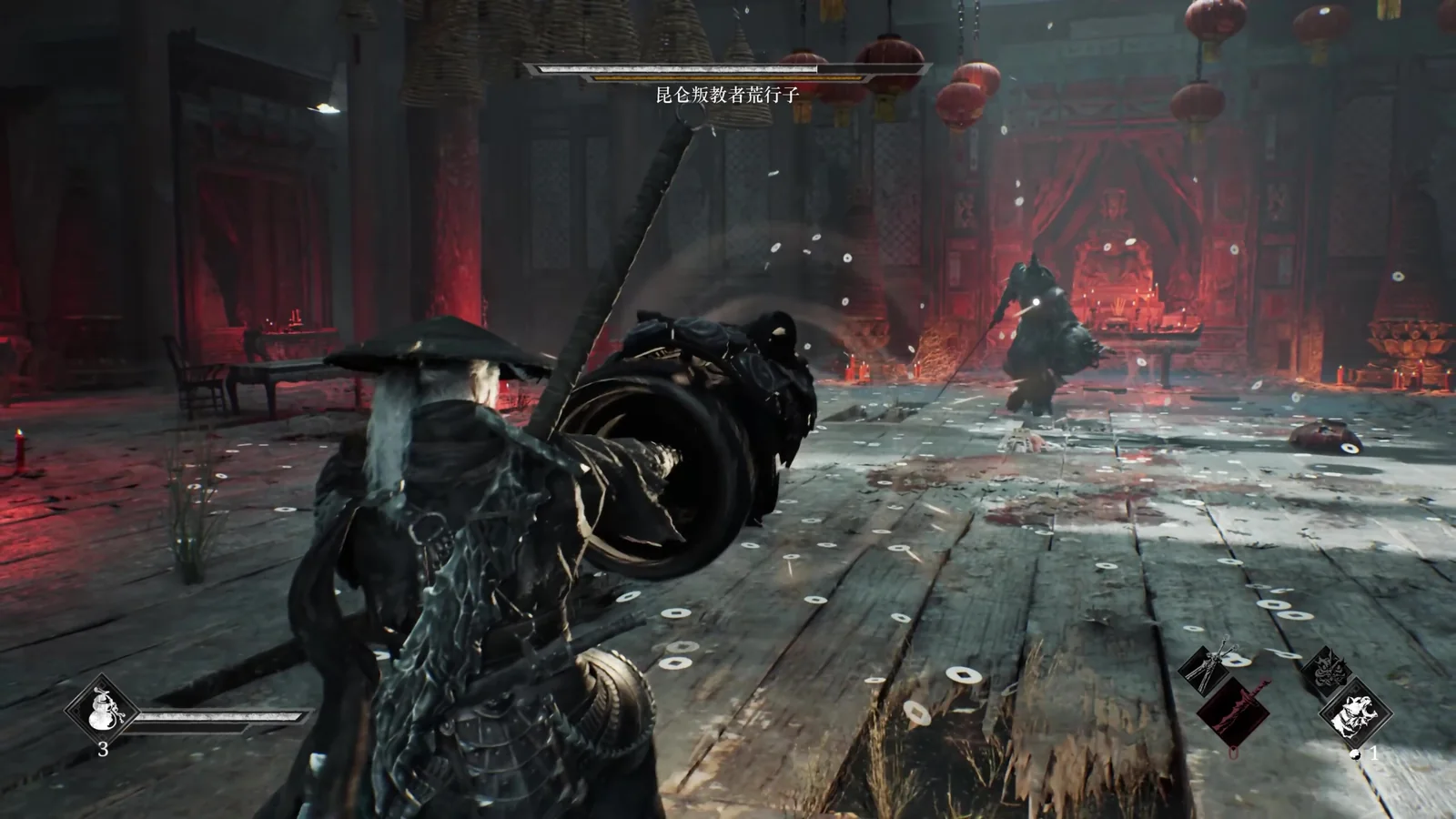 Soul faces an armored enemy inside a dimly lit temple decorated with red lanterns