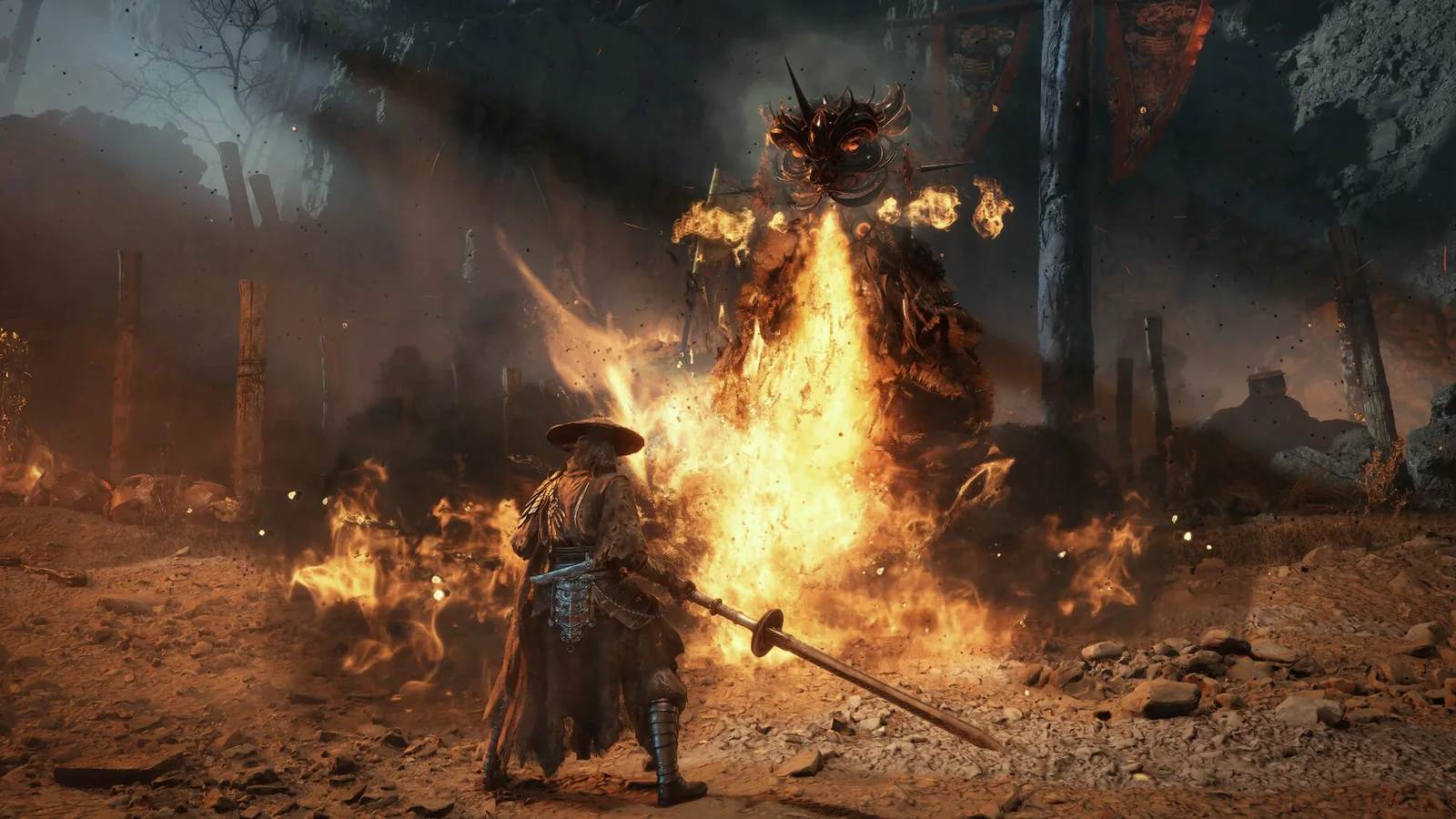 Soul confronts a towering, fire-breathing enemy amid burning ruins