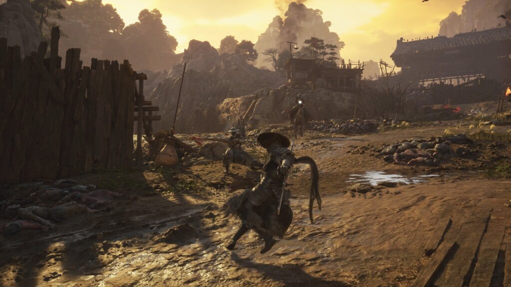 A warrior riding into battle across a golden, muddy battlefield surrounded by mounted enemies and mountainous scenery