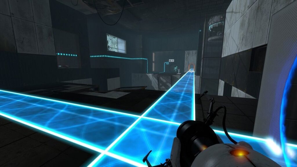 Playden Lets Jailbroken PS5 Consoles Run Steam PC Games Portal 2 gameplay showing the portal gun, a blue energy bridge, and an Aperture Science test chamber