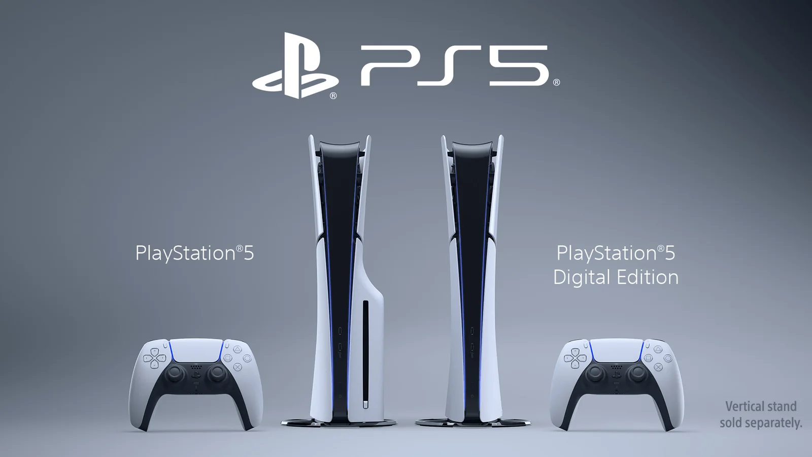 Official Sony promotional image showing the PlayStation 5 and PS5 Digital Edition consoles with DualSense controllers