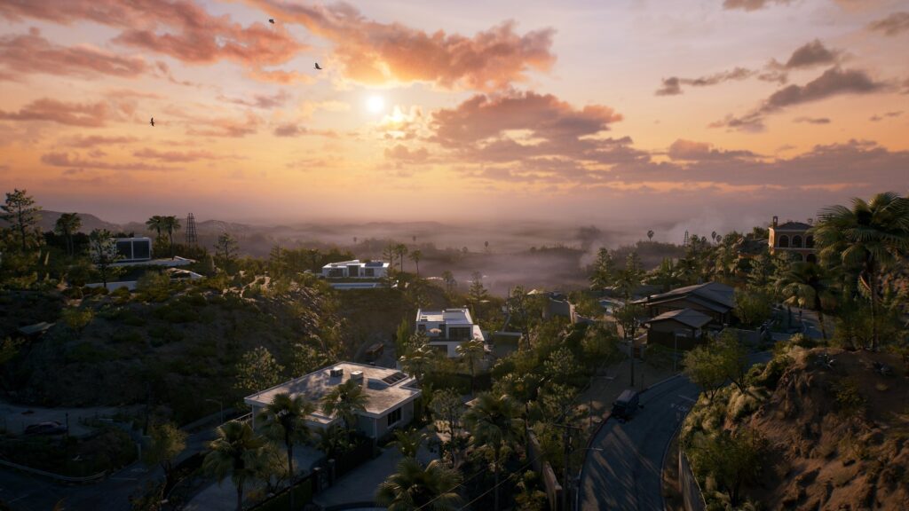PlayStation Plus November 2026 Games Revealed Dead Island 2 cinematic landscape showing Los Angeles hillside homes, palm trees, and a sunset