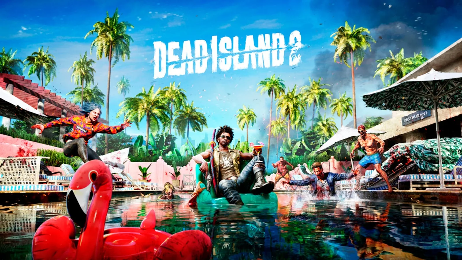 Dead Island 2 cinematic landscape showing Los Angeles hillside homes, palm trees, and a sunset