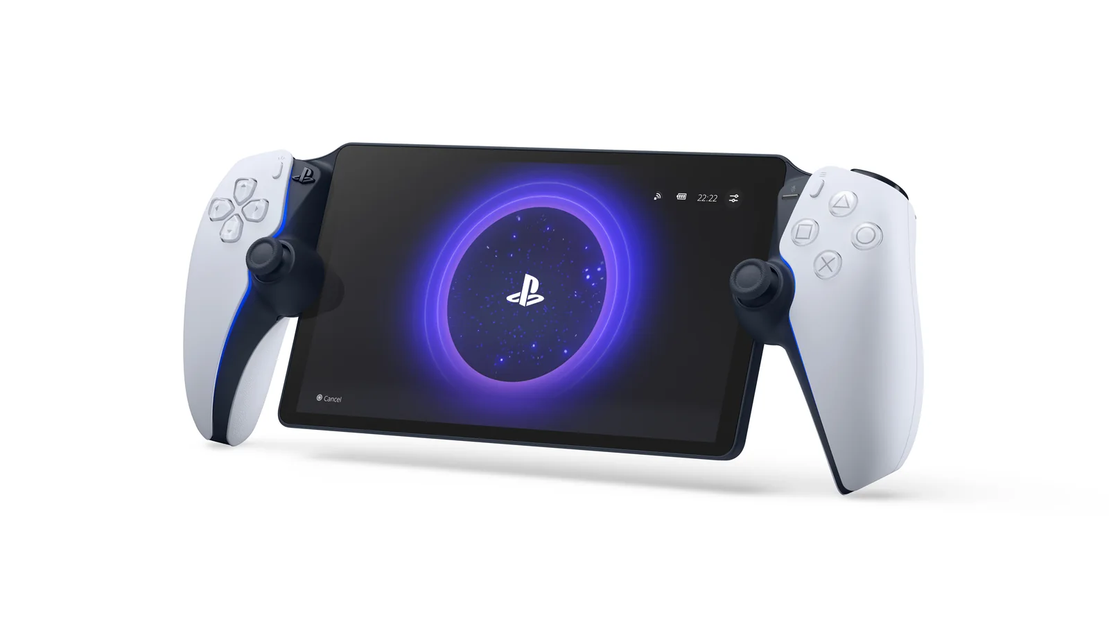 Official angled product render of the white PlayStation Portal with a PlayStation logo animation displayed on screen
