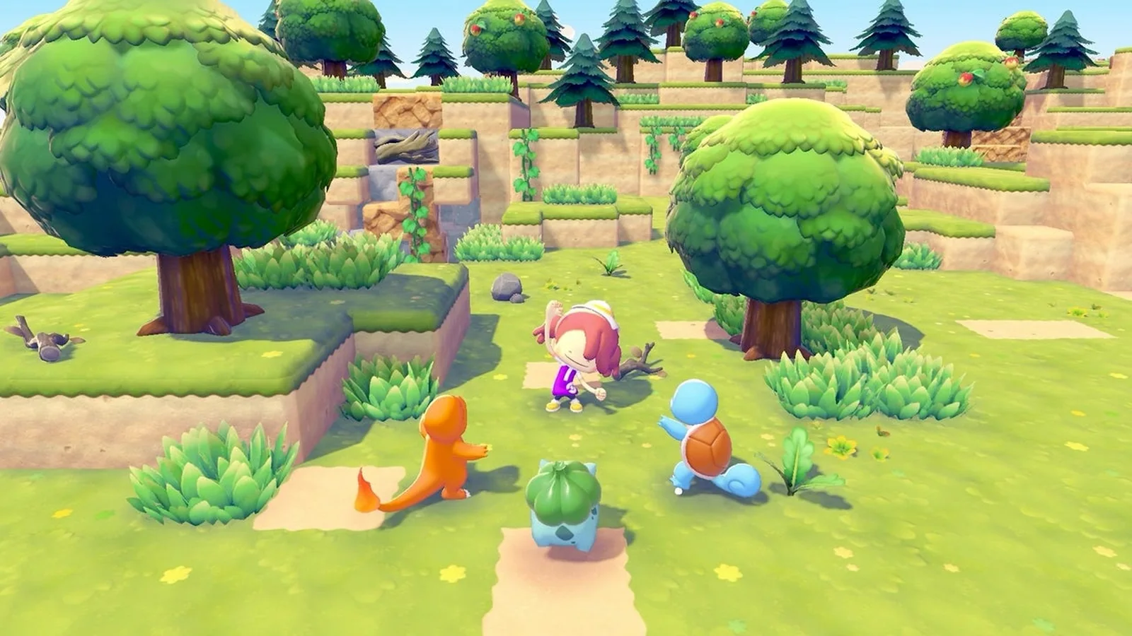 Bright Pokémon Pokopia gameplay scene featuring Bulbasaur, Squirtle, Charmander and a Ditto-transformed character in a