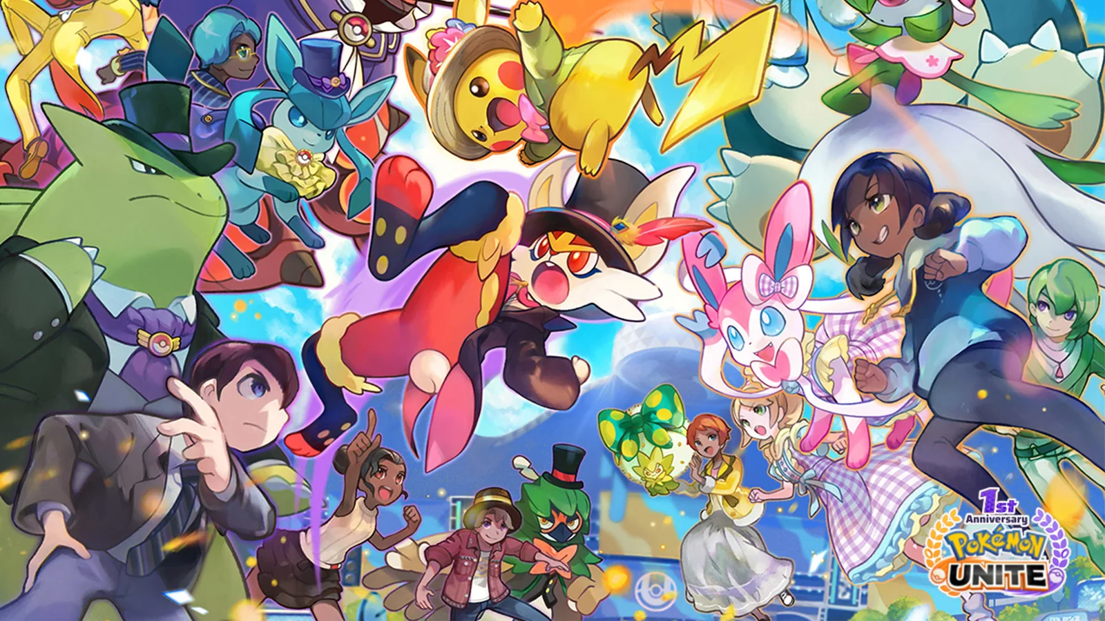 Official Pokémon UNITE first-anniversary illustration showing Pokémon and Trainers wearing colorful Holowear costumes