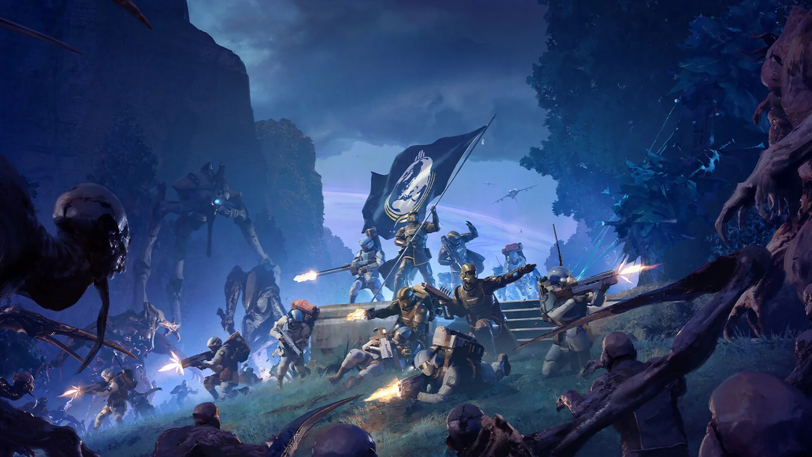 Official Helldivers 2 gameplay and promotional screenshot gallery showing cooperative science-fiction combat