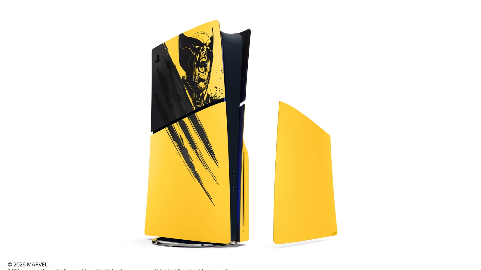 Official Marvel’s Wolverine PS5 Slim image showing the console with one removable side cover separated
