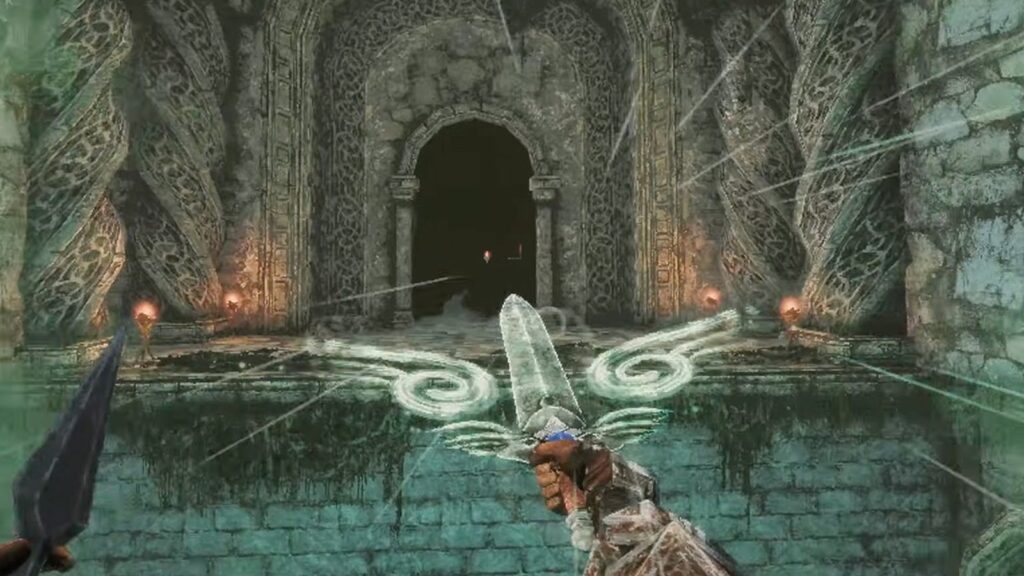 Queen’s Domain Verified for Steam Deck Ahead of October 30 Launch First-person gameplay showing a glowing magical sword inside an ancient stone dungeon with ornate architecture
