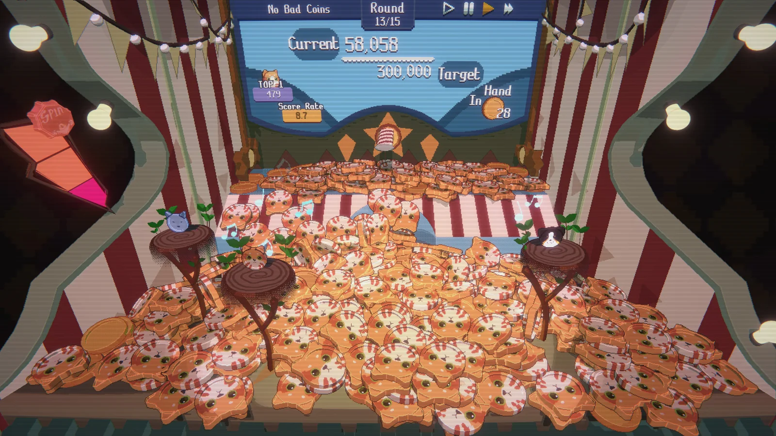 Arcade machine overflowing with orange cat-themed coins against a carnival-style background