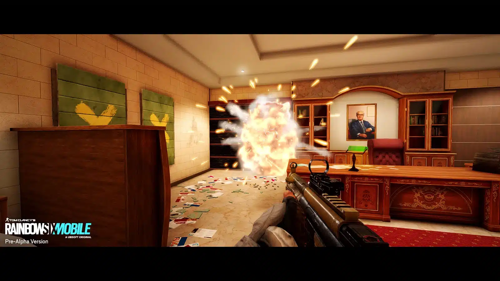 Rainbow Six Mobile gameplay screenshot showing an explosion inside a destructible office environment, with debris and