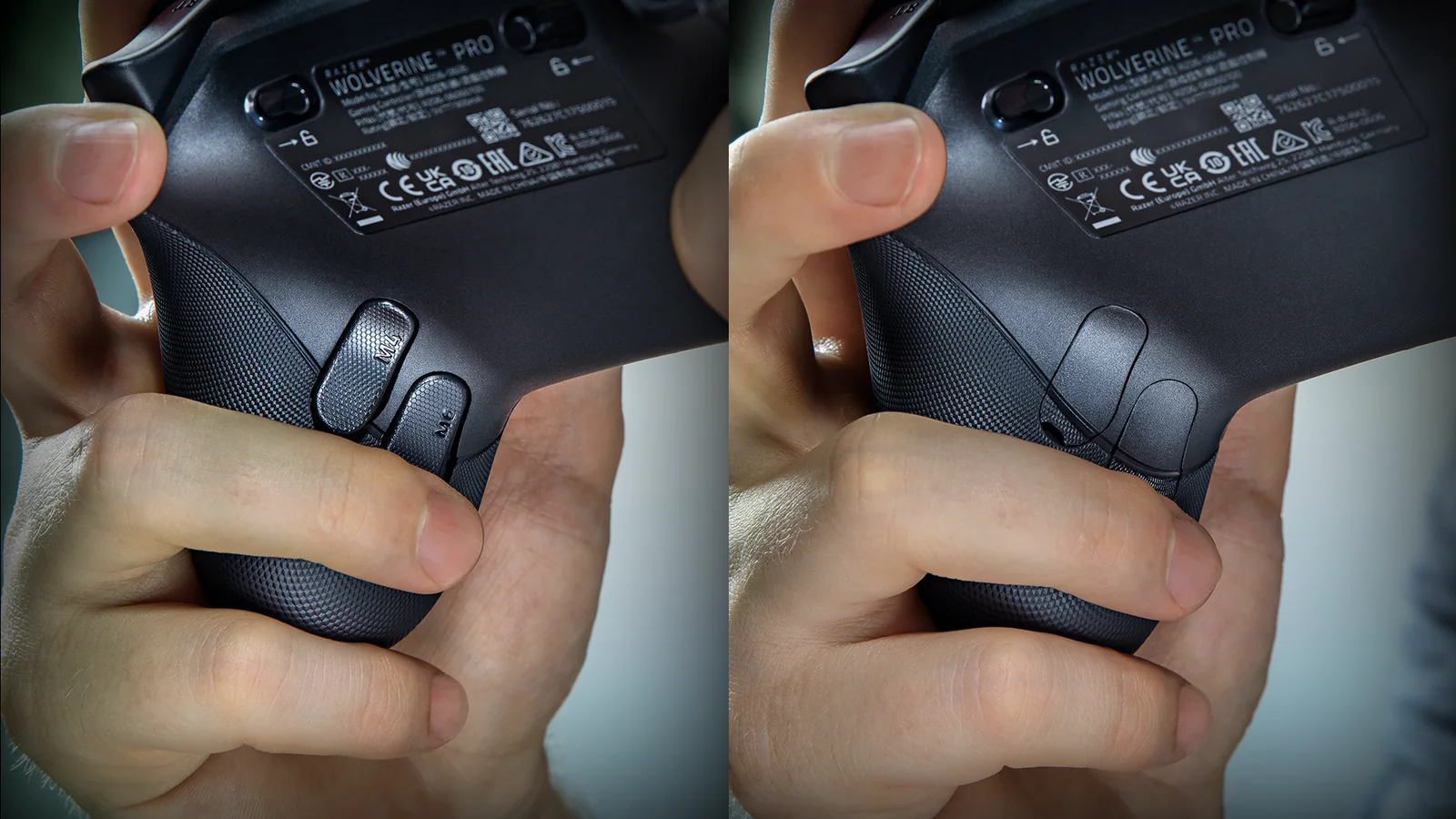 Close-up promotional image highlighting the Wolverine V4 Pro thumbsticks