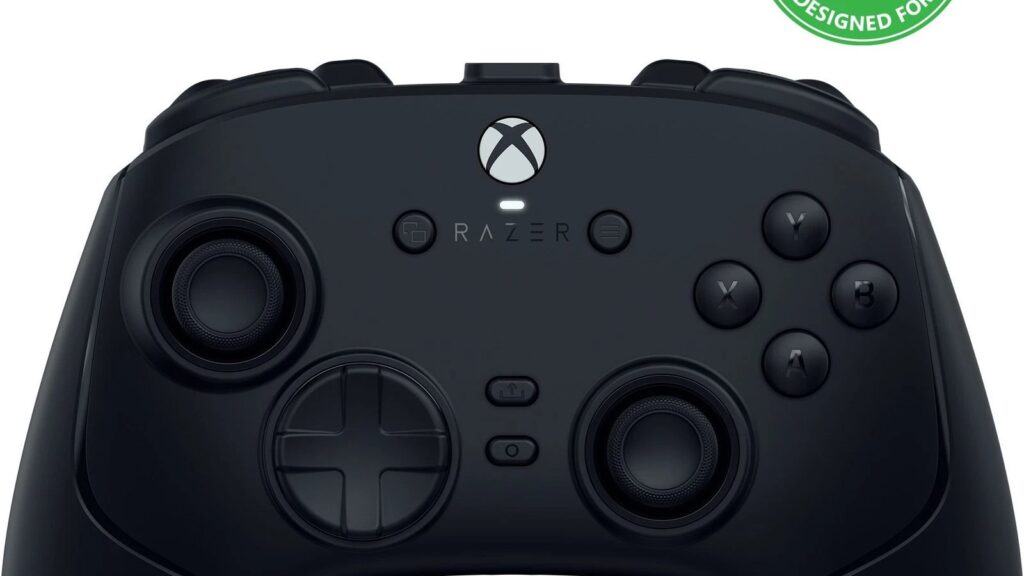 Front product image of the black Razer Wolverine V4 Pro showing its asymmetrical sticks, D-pad, face buttons and Xbox