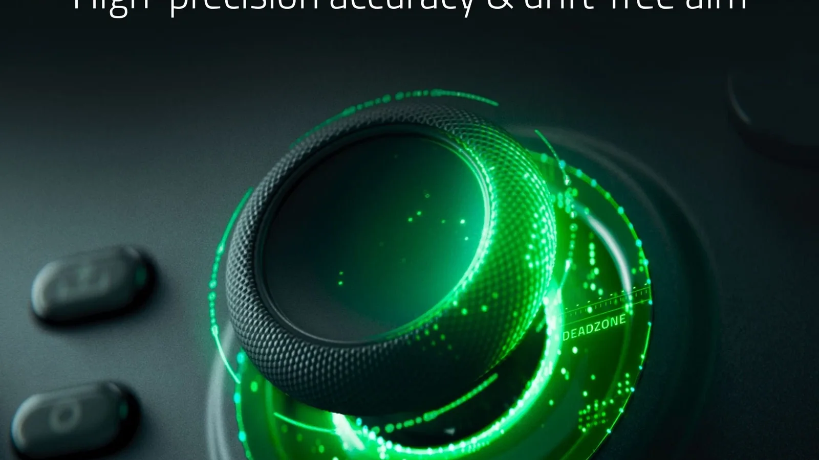 Promotional close-up of the Wolverine V4 Pro’s capacitive thumbstick with green technical lighting