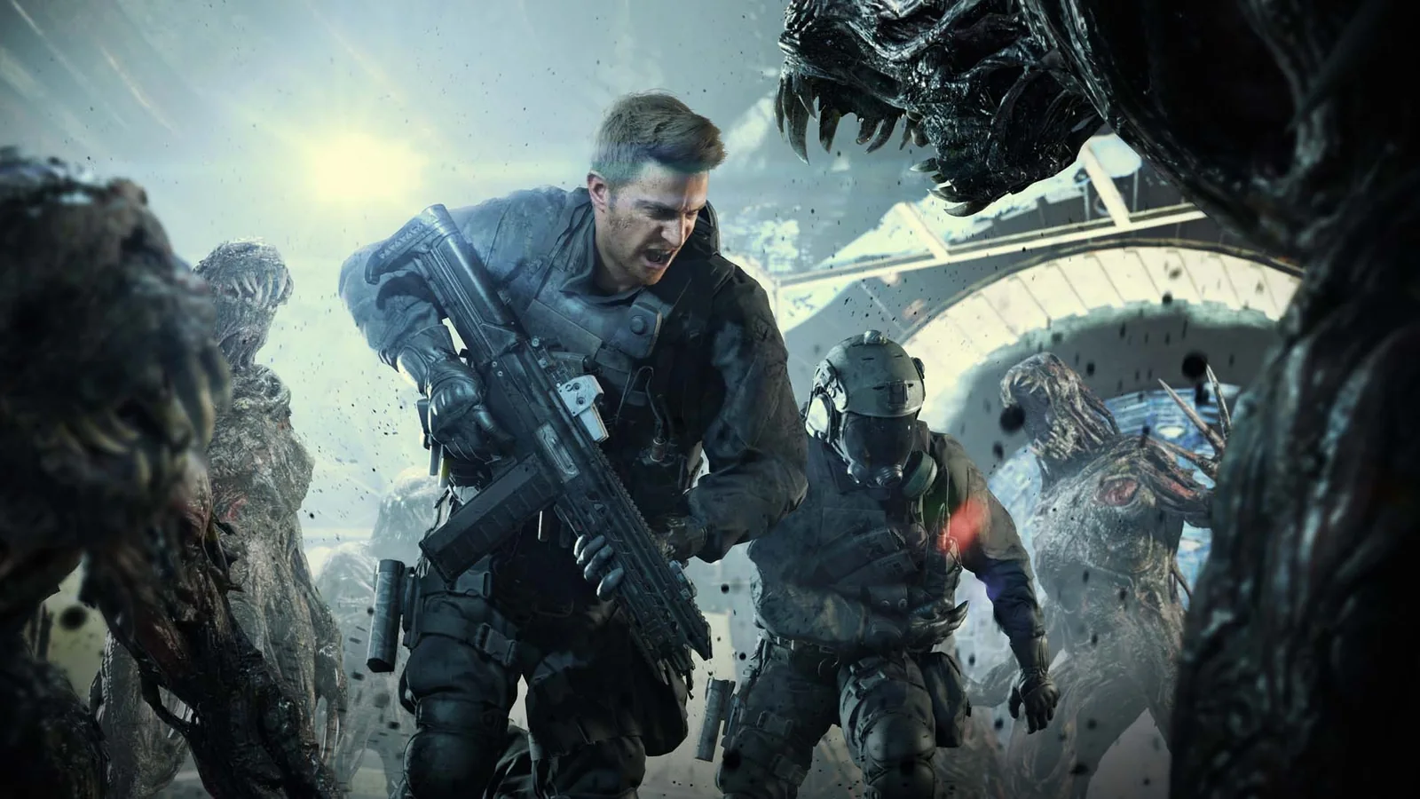 Chris Redfield carrying a rifle alongside another tactical soldier in promotional artwork for Not a Hero