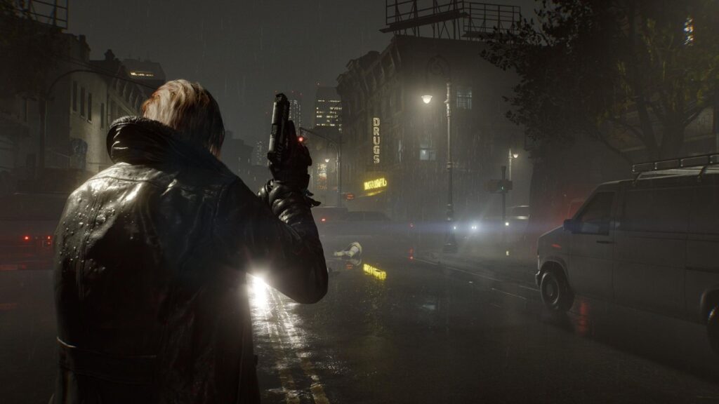 Resident Evil Requiem Sales Hit 8.51 Million, Capcom Confirms Leon S. Kennedy stands with his handgun raised on a rain-soaked city street