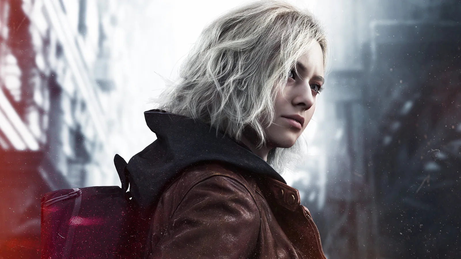 Official Resident Evil Requiem promotional artwork featuring Grace Ashcroft in a wintery urban setting