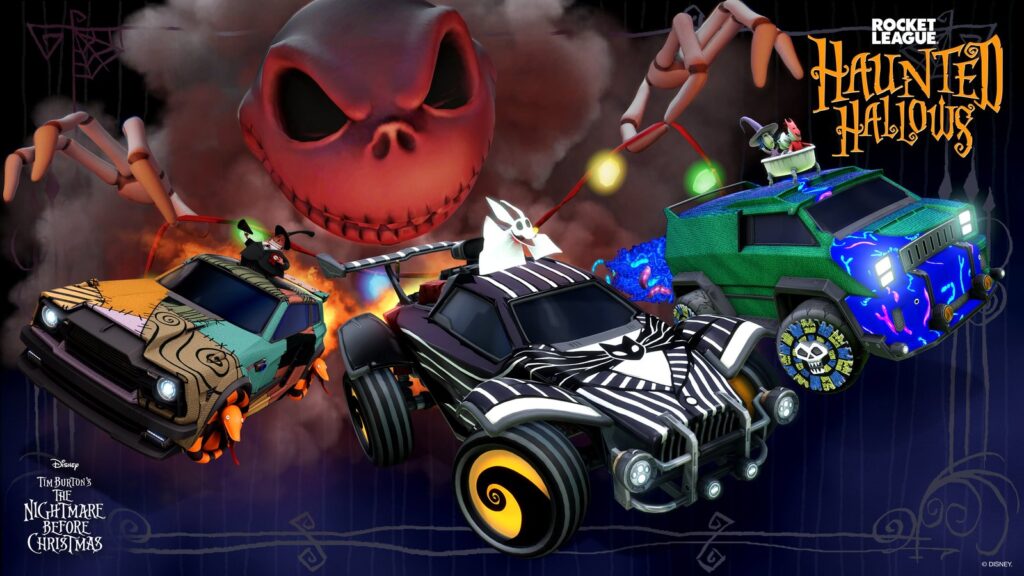 Rocket League Teases Five Nights at Freddy’s Halloween Crossover Haunted Hallows promotional artwork featuring Rocket League cars customized with Nightmare Before Christmas cosmetics