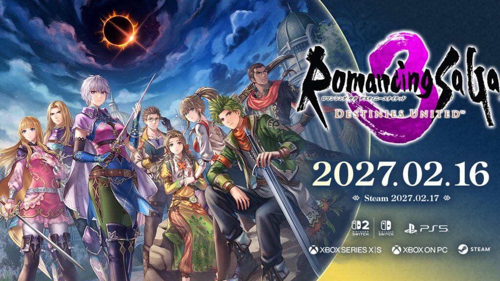 Official gameplay screenshot showing the party confronting a huge two-headed monster during combat