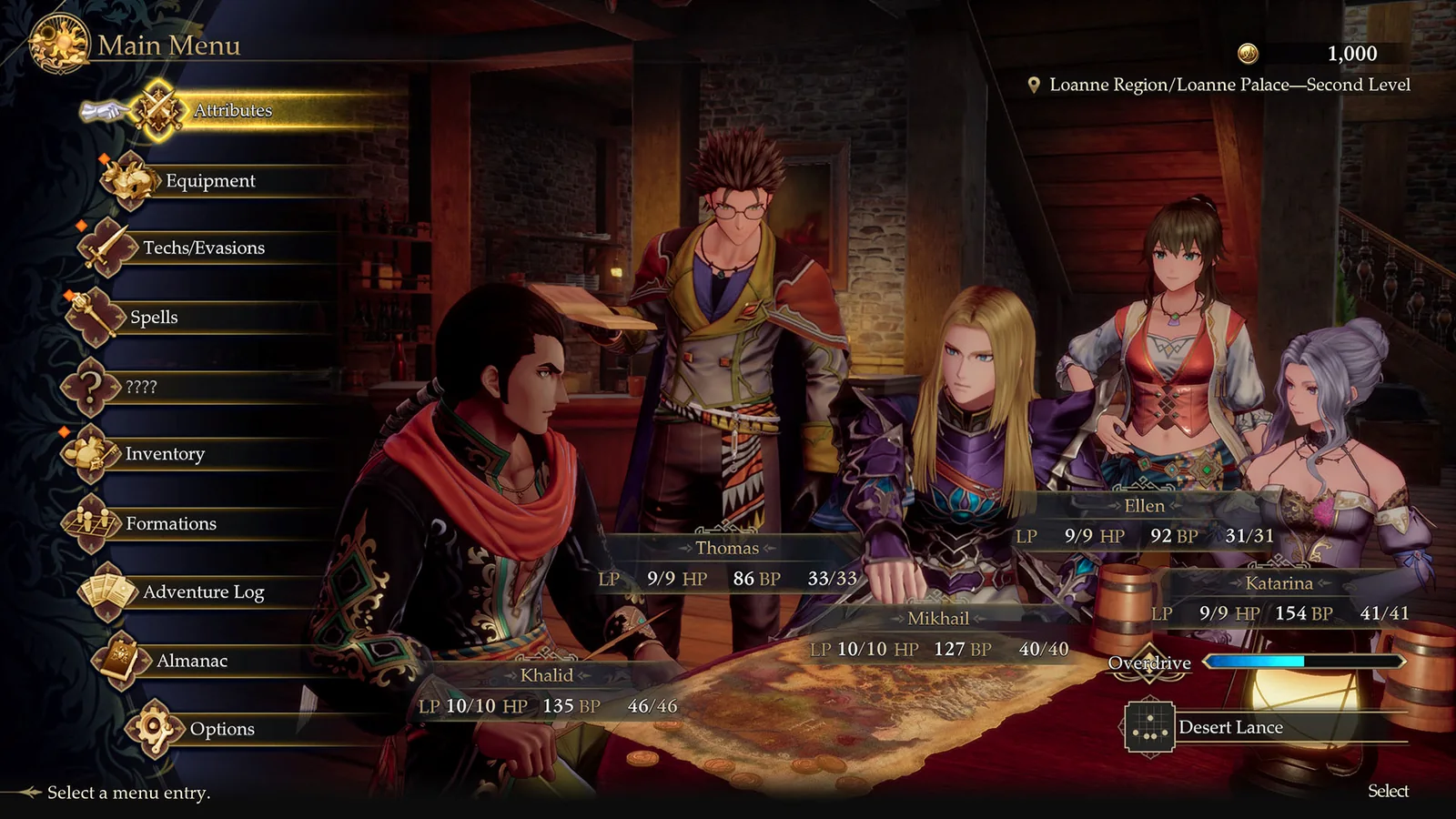 Five characters gathered around a table inside a medieval-style tavern