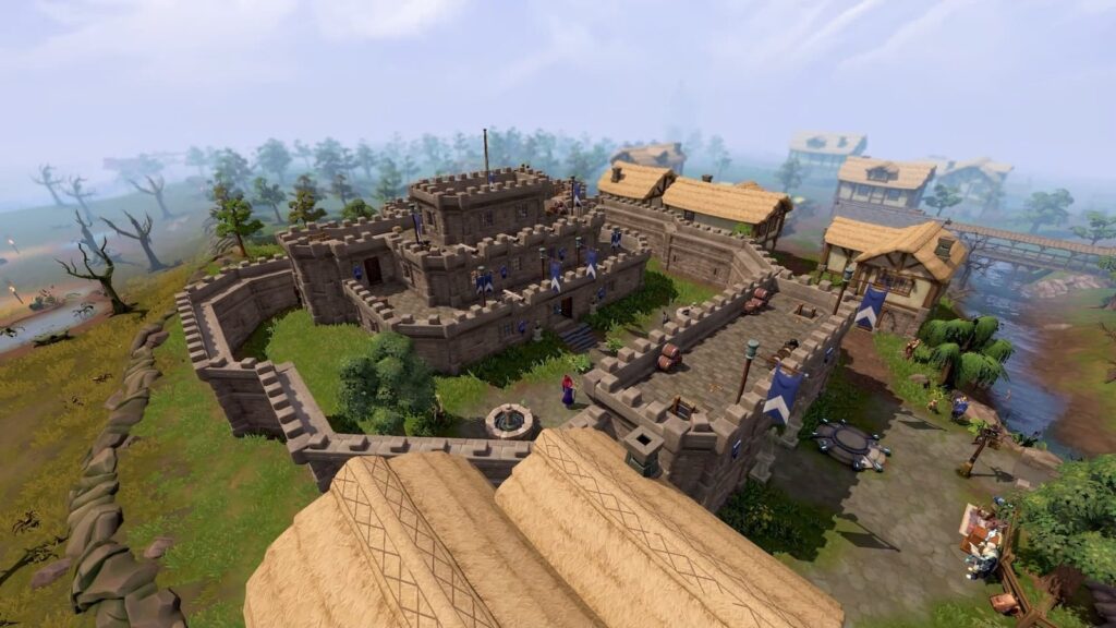 Wide official RuneScape scene showing Falador Castle and the surrounding city