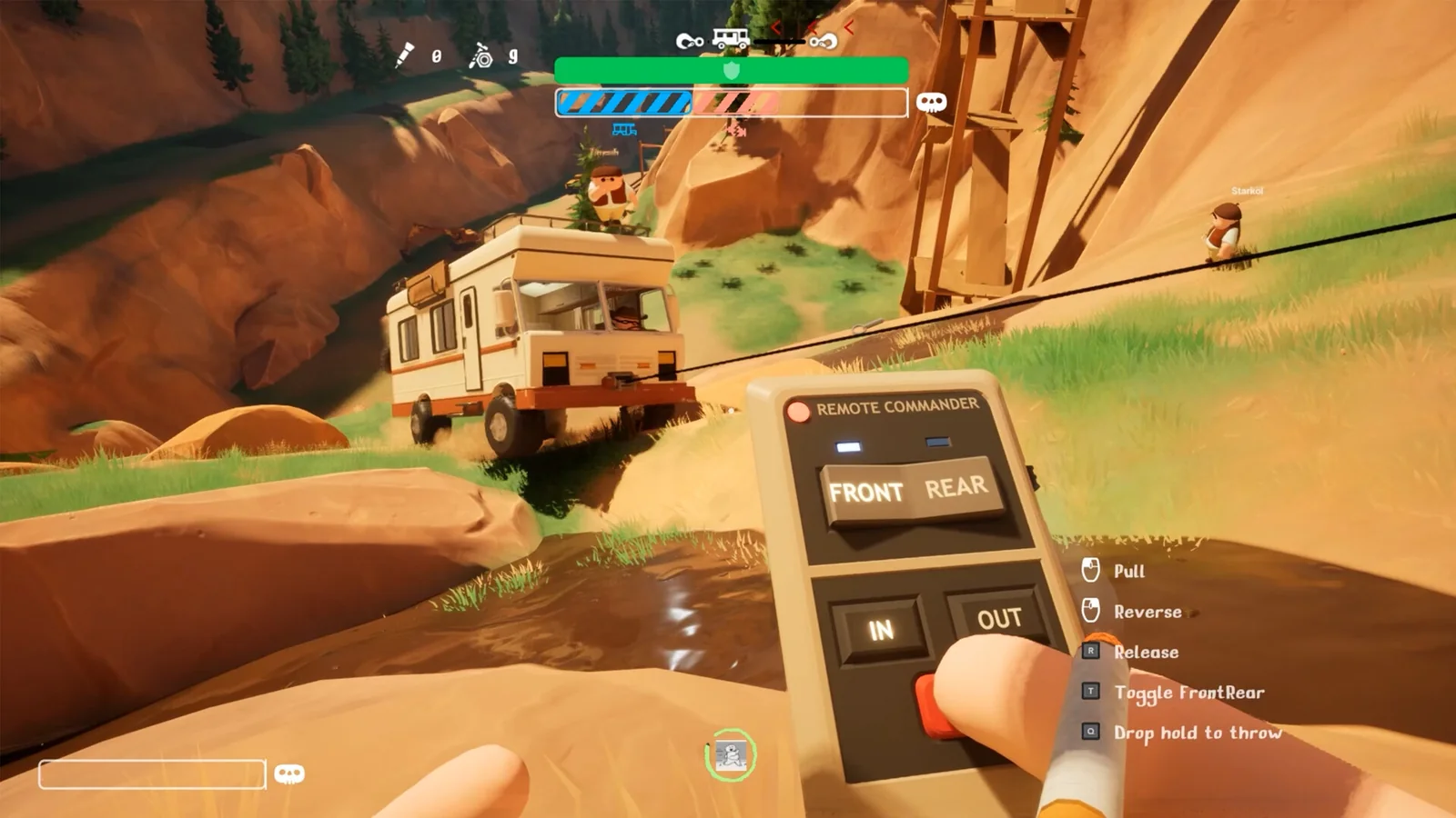 Official gameplay screenshot showing the RV precariously balancing across a narrow sandstone canyon while a moose stands