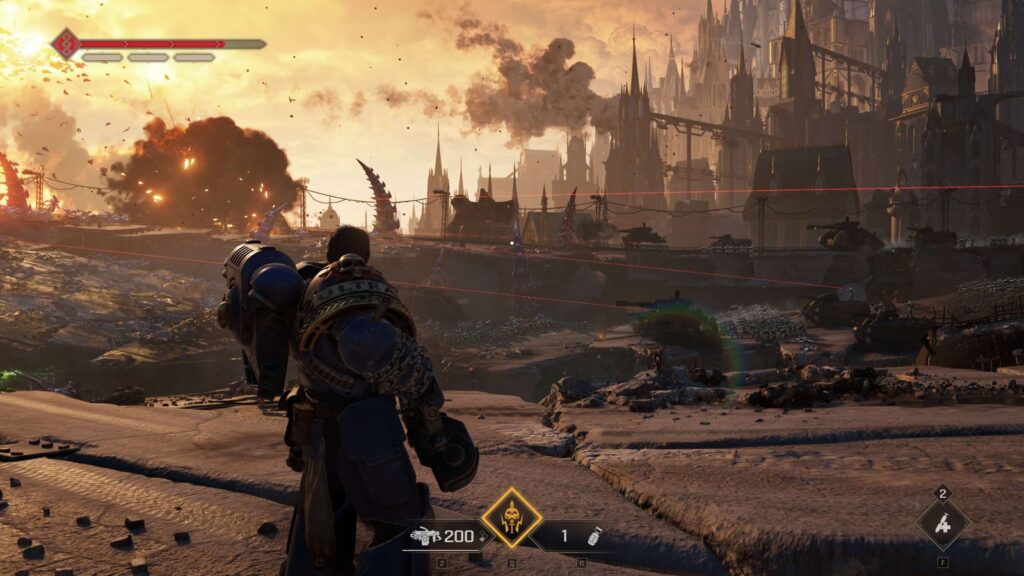 Official Warhammer 40,000: Space Marine 2 gameplay screenshot featuring a Space Marine overlooking a battlefield filled