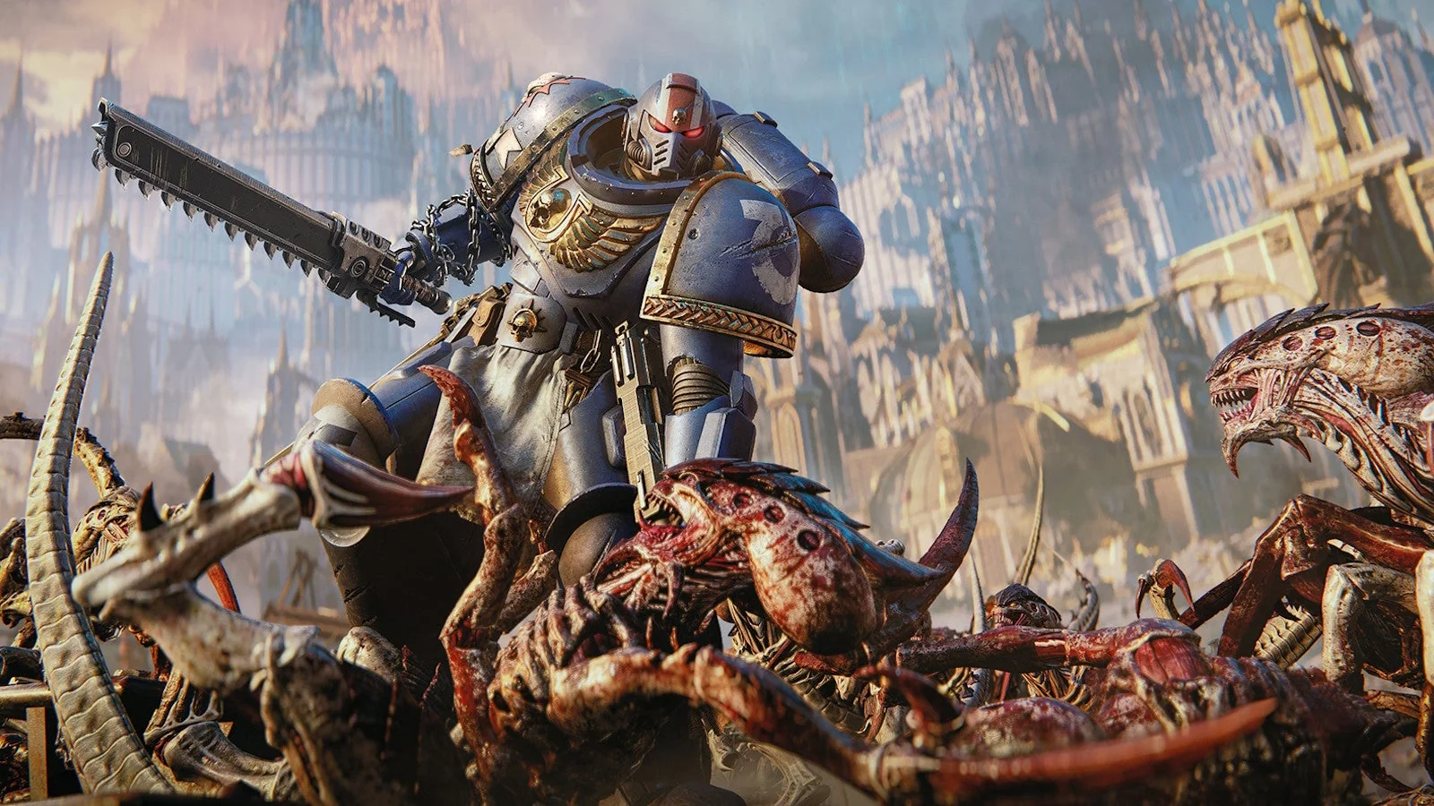 Space Marine 2 promotional screenshot showing an armored Space Marine fighting Tyranid enemies in a ruined gothic