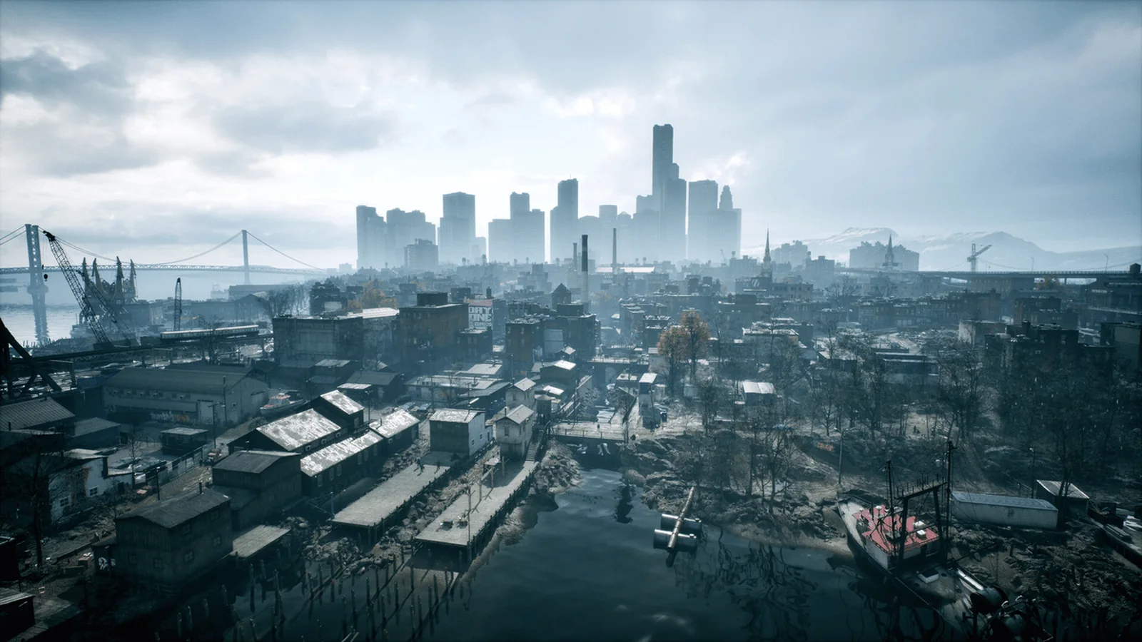 Wide daytime panorama of Tyndalston's industrial waterfront, bridges, buildings, and distant skyline