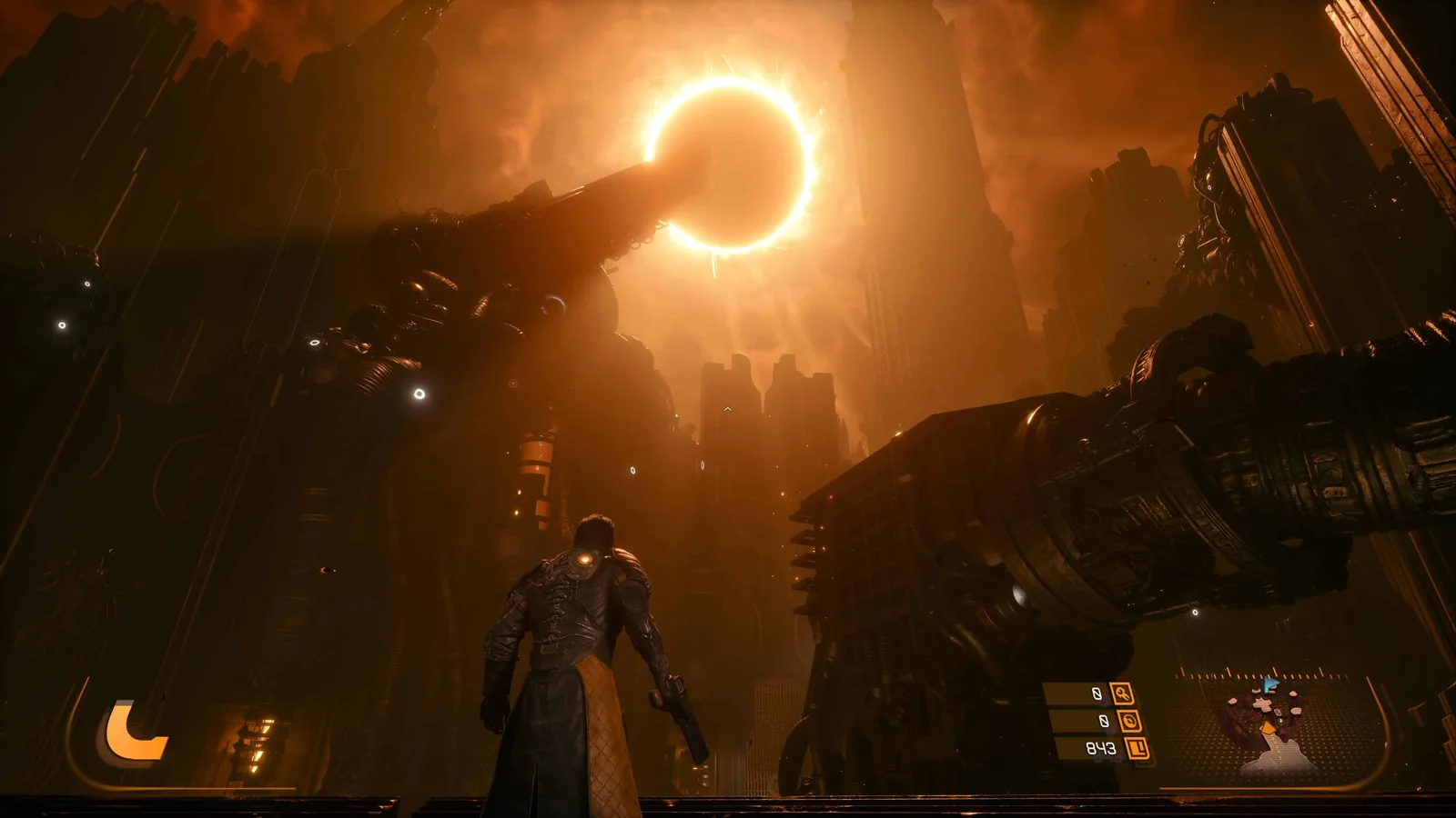 Arjun faces an enormous orange solar eclipse above towering industrial structures
