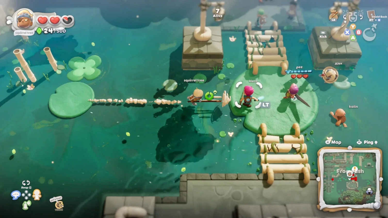 Several knights explore a colorful aquatic environment filled with lily-pad platforms, wooden bridges and green water