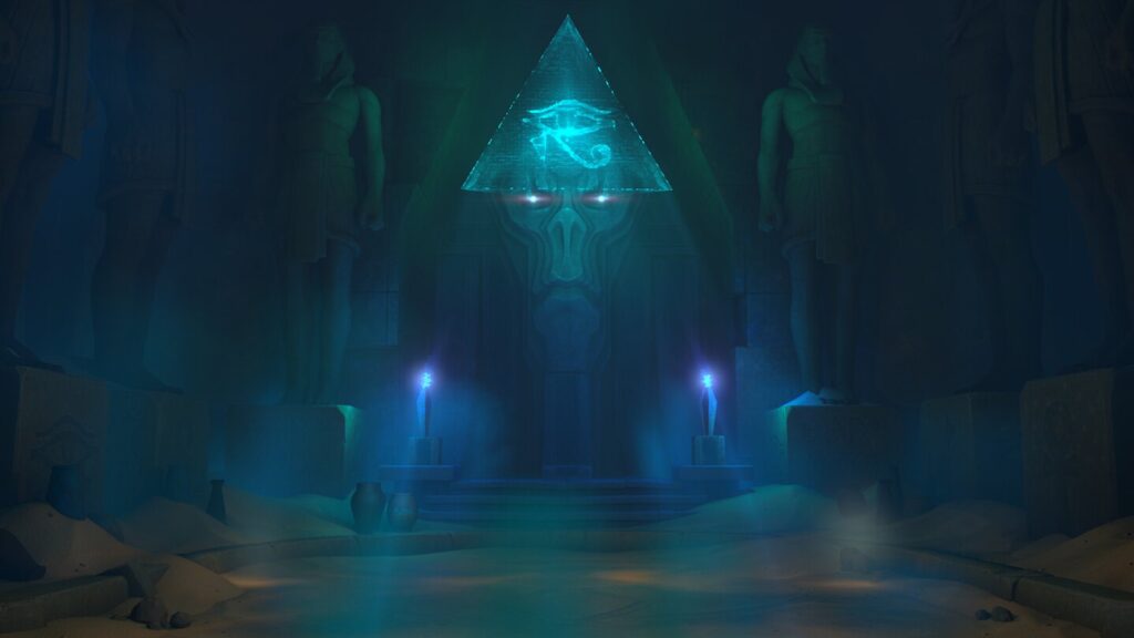 Serious Sam: The Third Encounter Announced for PC Official atmospheric artwork showing a mysterious ancient chamber, towering statues and a glowing blue pyramid