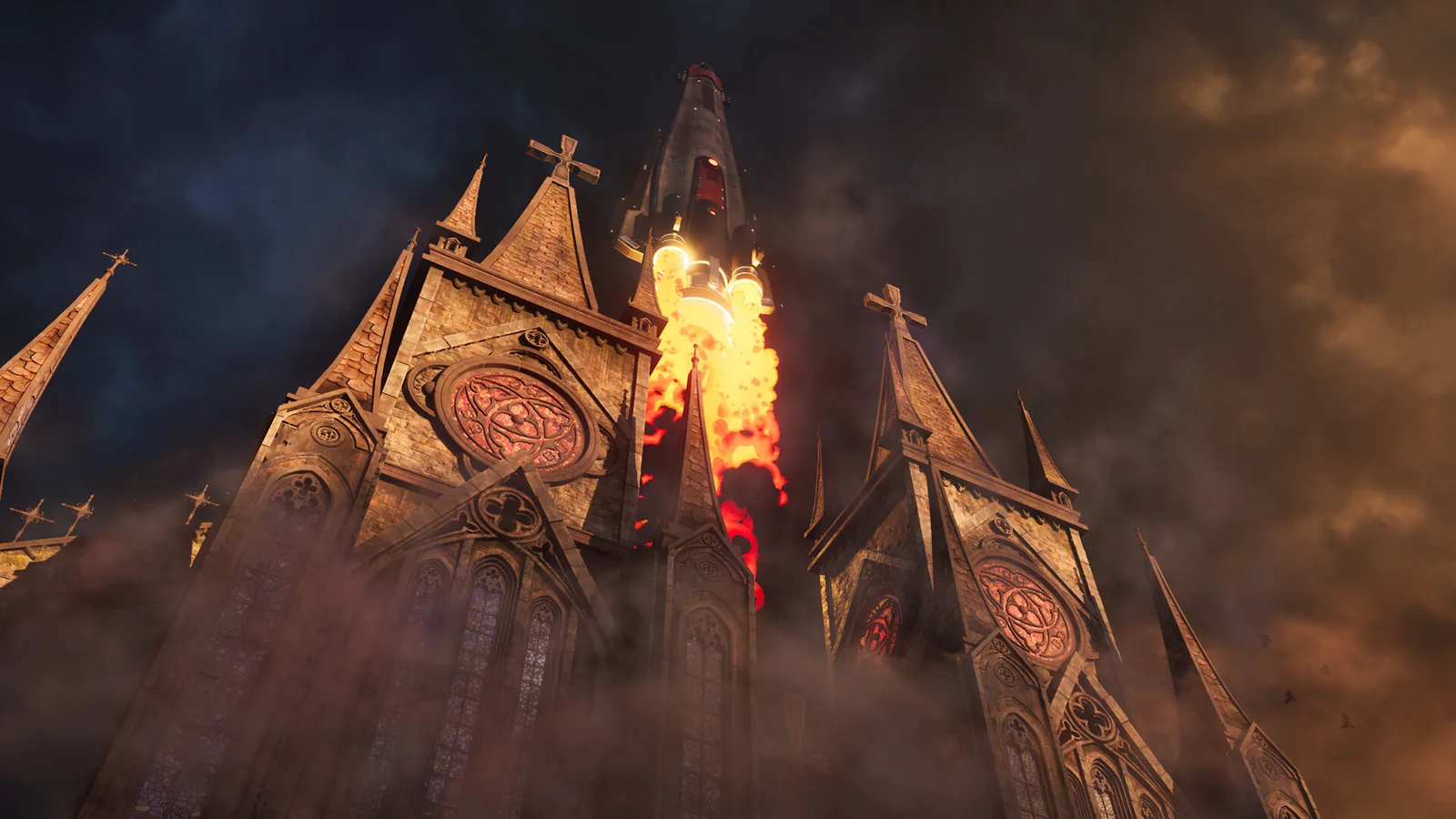Official teaser trailer still featuring a dramatic spacecraft launch beside gothic-style stone towers