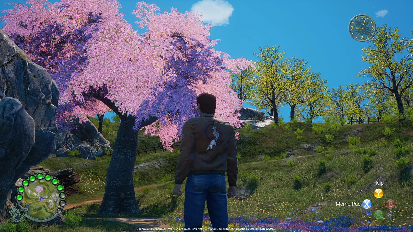 Ryo Hazuki standing near a large pink cherry blossom tree in a bright countryside landscape