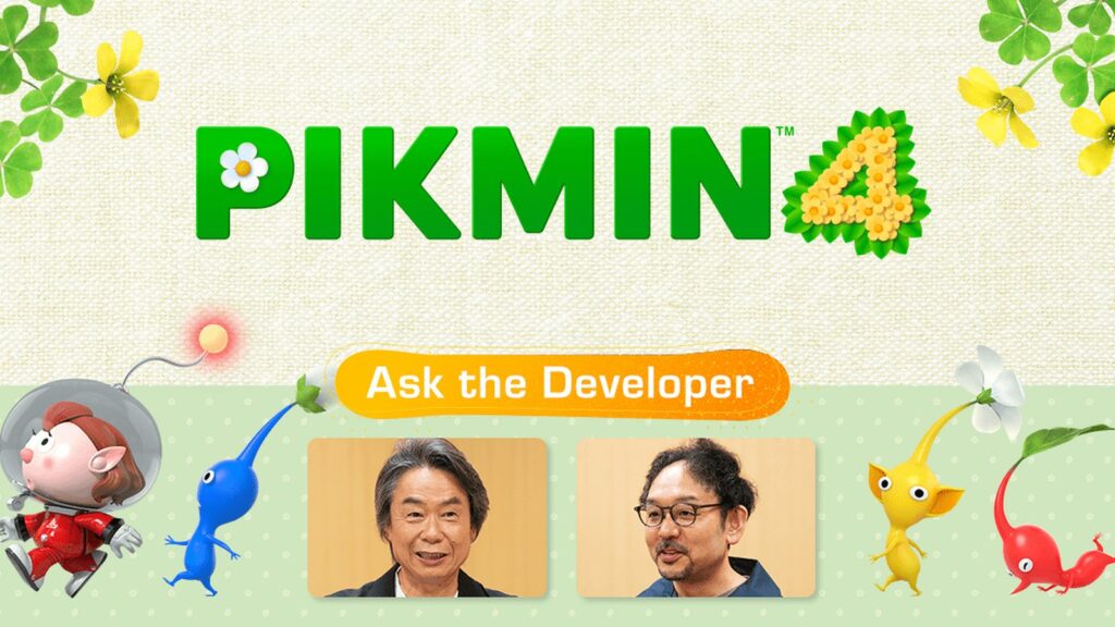 Shigeru Miyamoto smiling in a black blazer and Pikmin-themed shirt during an official Nintendo developer interview