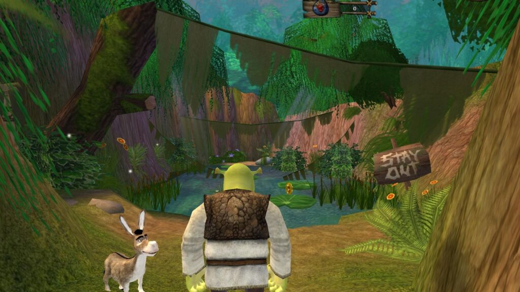 Shrek 2 Remastered Leaks With 4K Graphics and Online Co-Op Shrek standing beside Donkey at the entrance to his swamp, surrounded by trees, water and a wooden warning sign